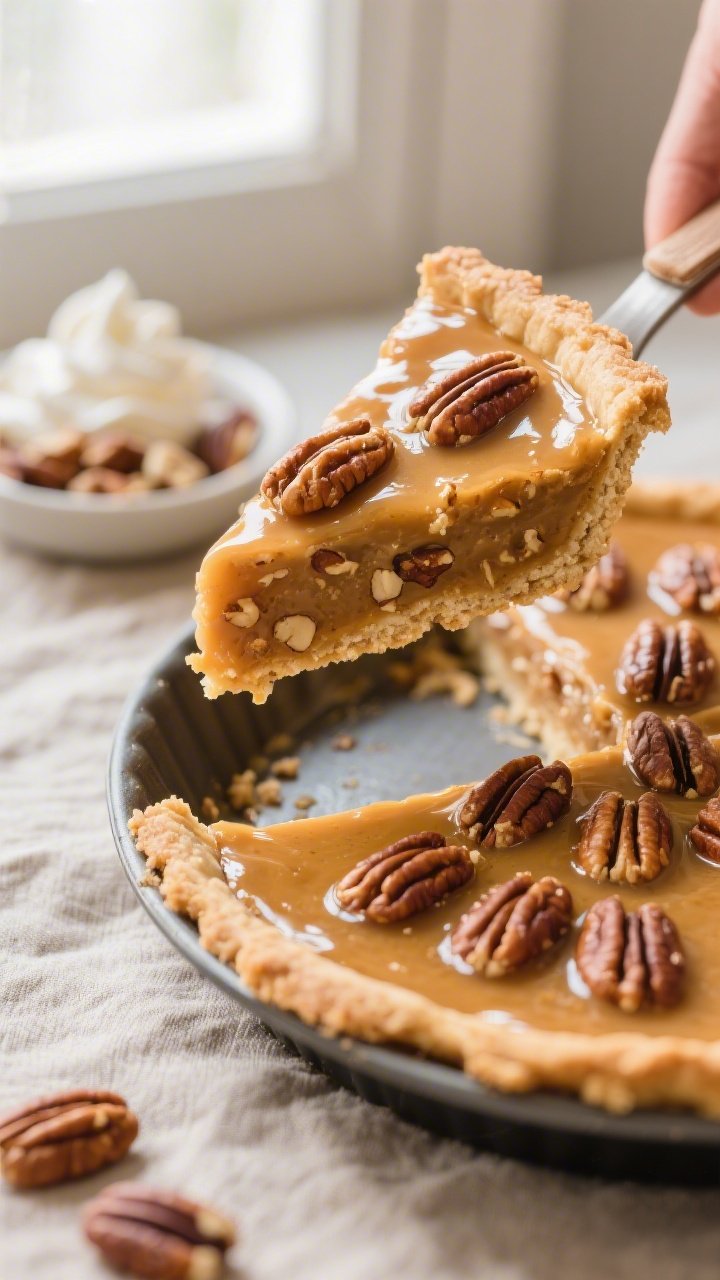 Close-up detail of a freshly baked keto pecan pie slice being lifted from the pan, glossy custard-li