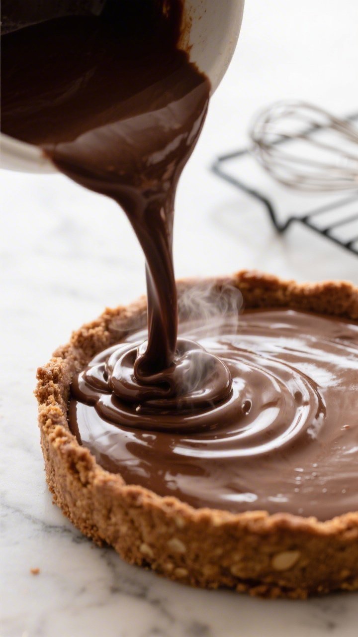 Close-up detail of a glossy, low-carb chocolate custard being poured into a fully baked almond-flour