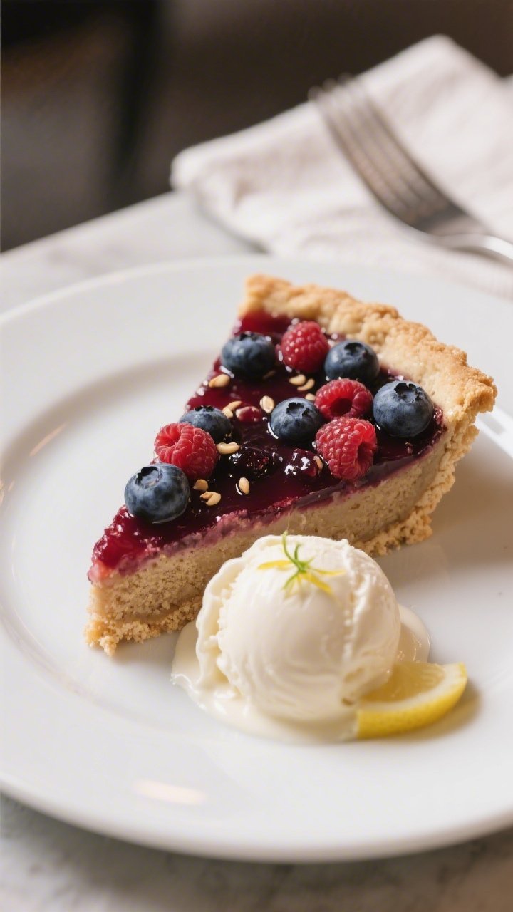 Close-up detail of a neatly sliced wedge of Mixed Berry Almond Flour Pie plated on a matte white des