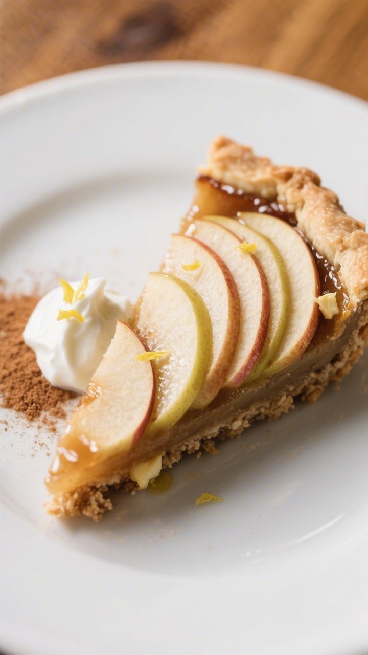 Close-up detail of a neatly sliced wedge of the healthy apple pie on a matte white plate, showing di