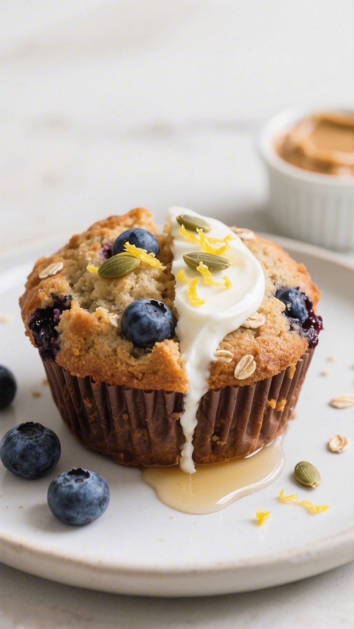 Close-up detail of a plated muffin breakfast: a warm blueberry-lemon variation muffin halved and sme