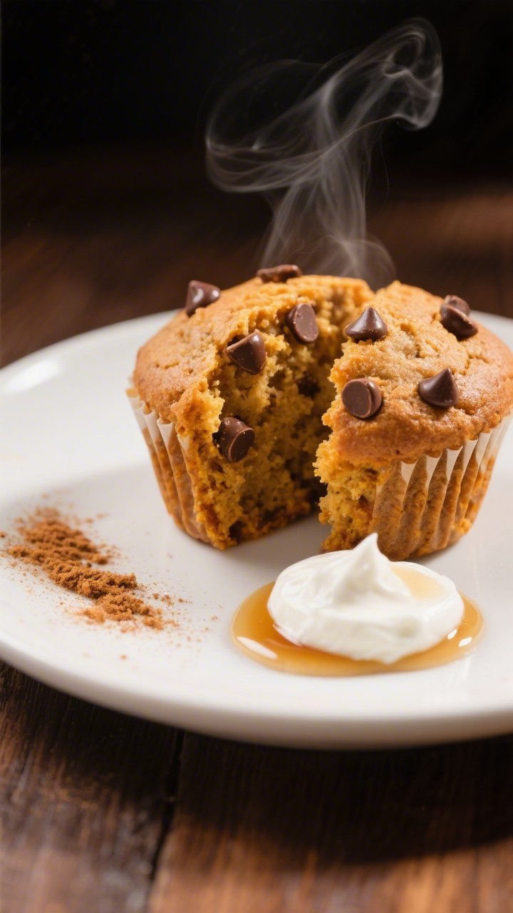 Close-up detail of a plated pumpkin spice protein muffin sliced in half to reveal a moist, tender cr