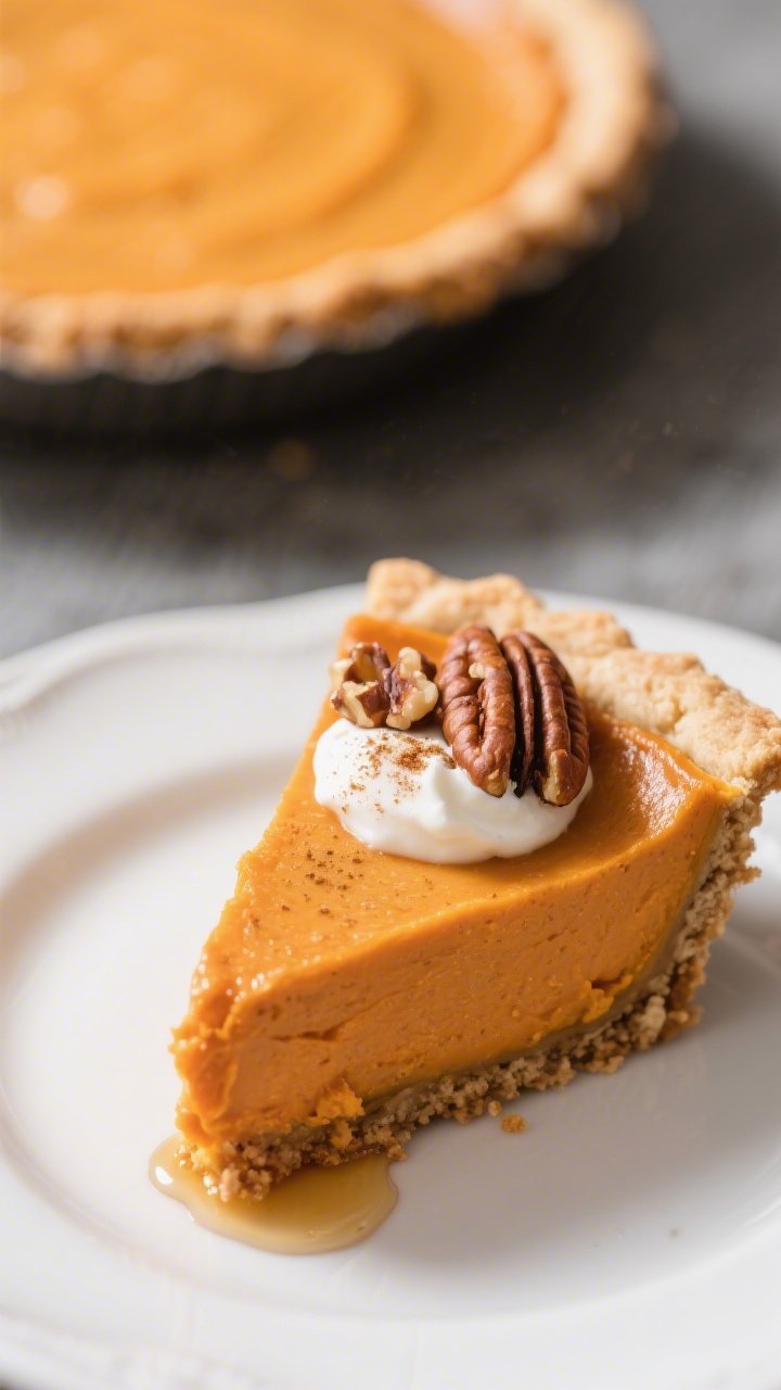 Close-up detail of a plated slice of Healthy Sweet Potato Pie on a simple white dessert plate: plush
