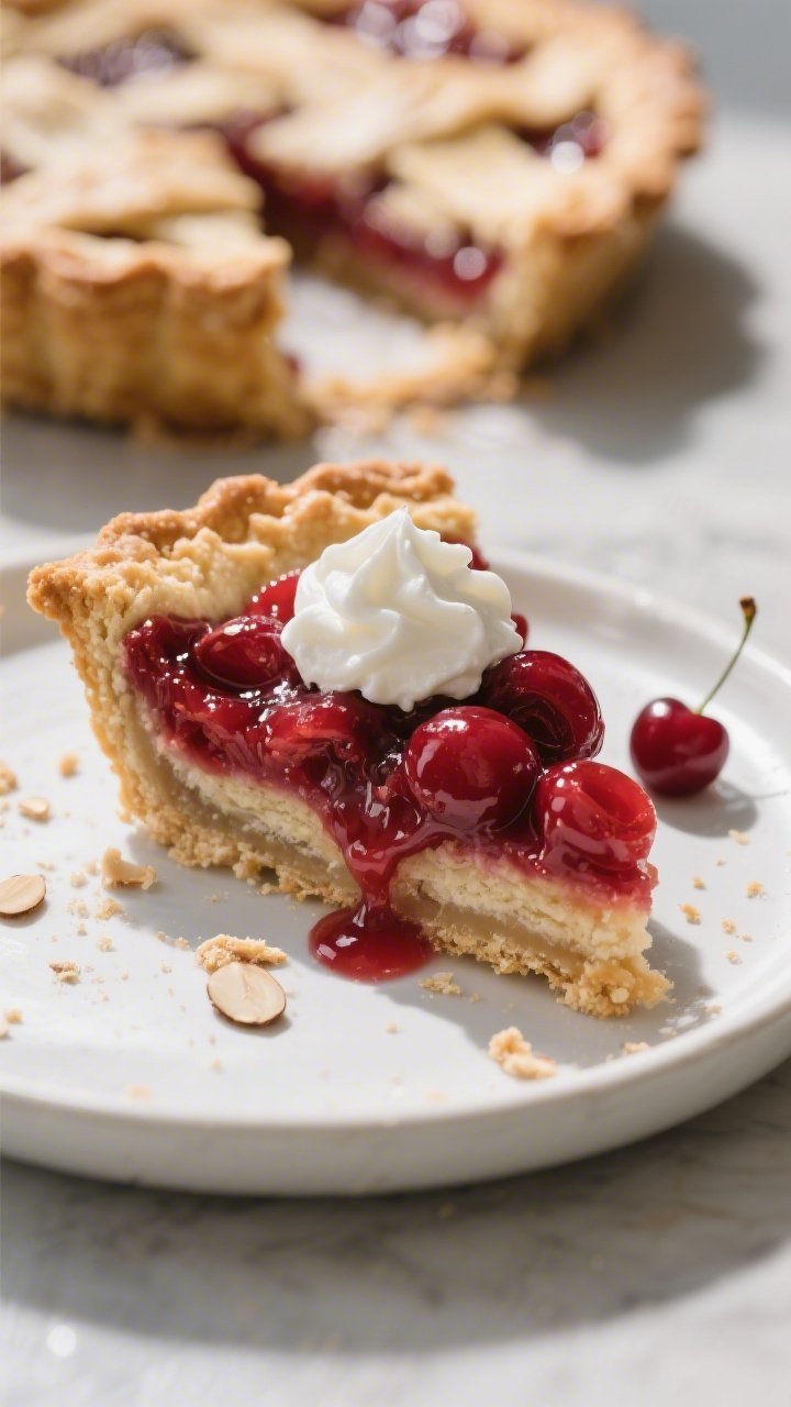 Close-up detail of a plated slice of keto cherry pie showing flaky, tender almond-and-coconut flour 