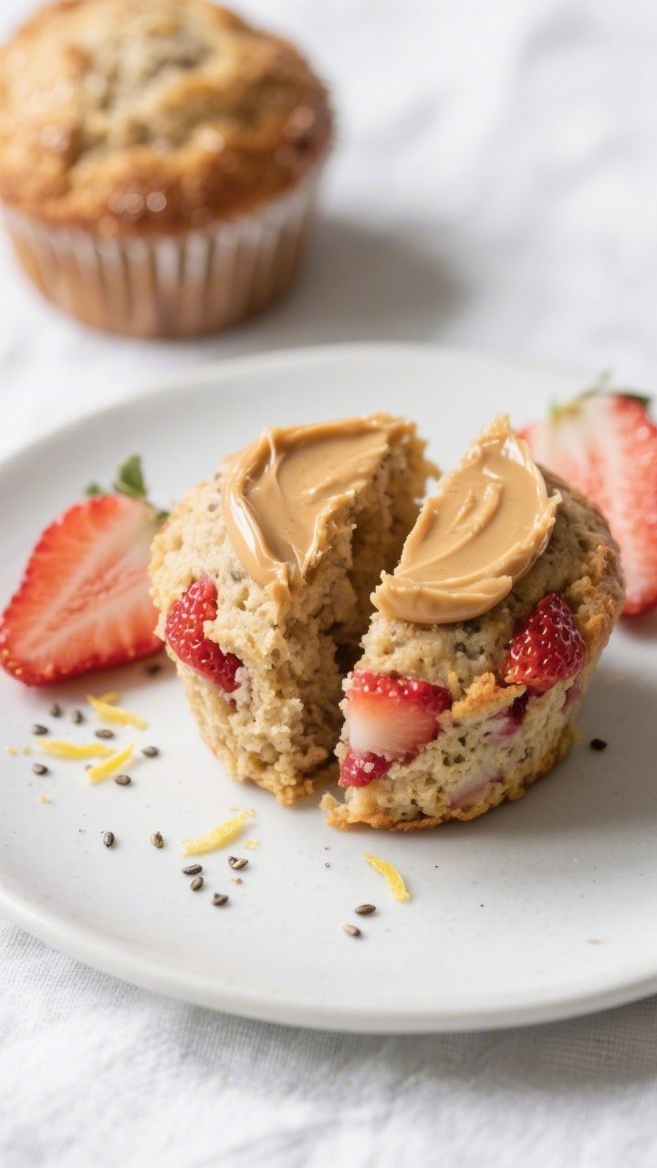 Close-up detail of a plated strawberry protein muffin sliced in half and spread with a thin layer of