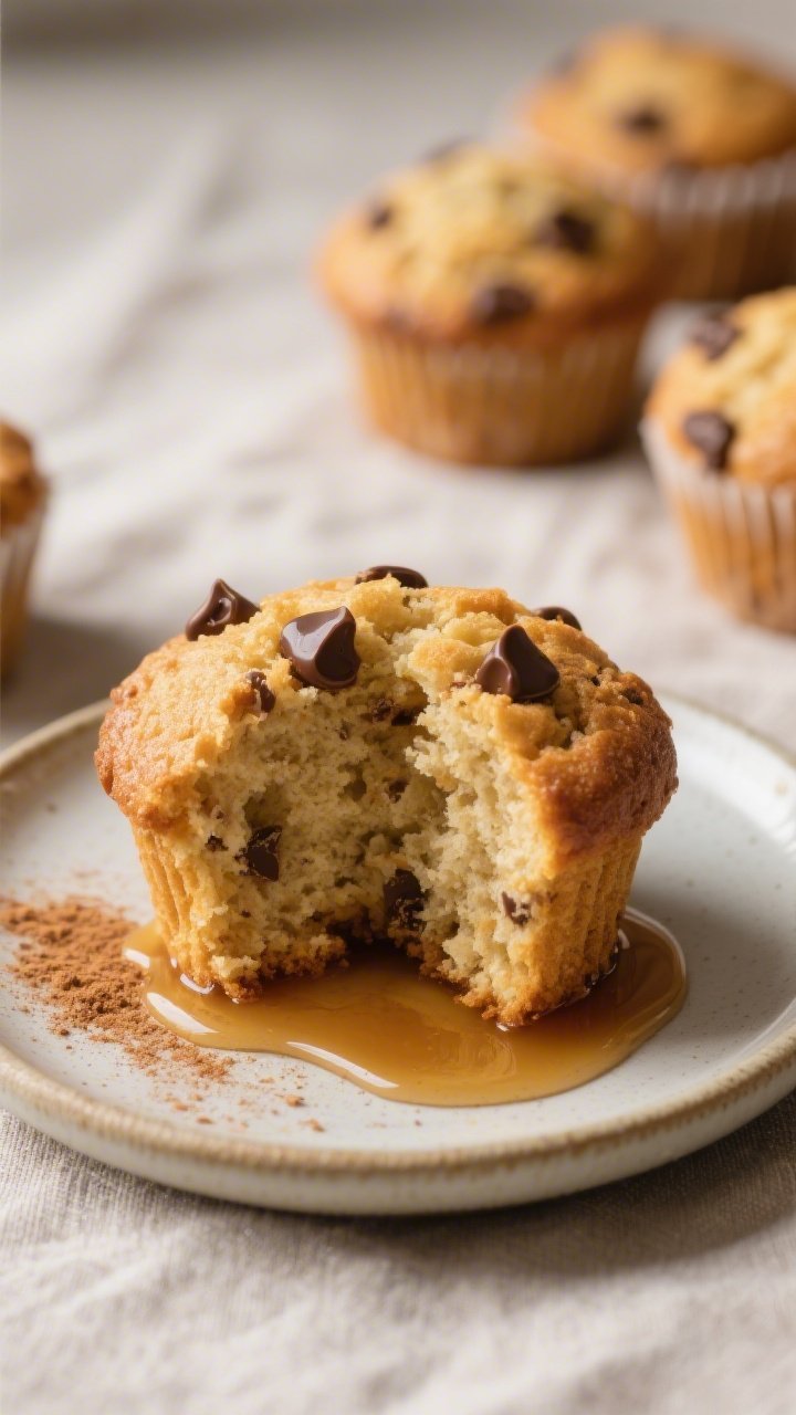 Close-up detail of a single muffin on a small ceramic plate, sliced in half and smeared lightly with