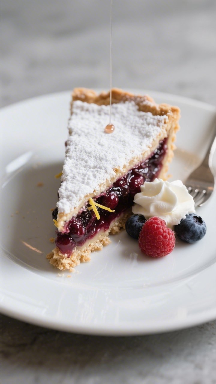 Close-up detail of a single plated slice of Almond Flour Berry Tart Pie on a matte white dessert pla