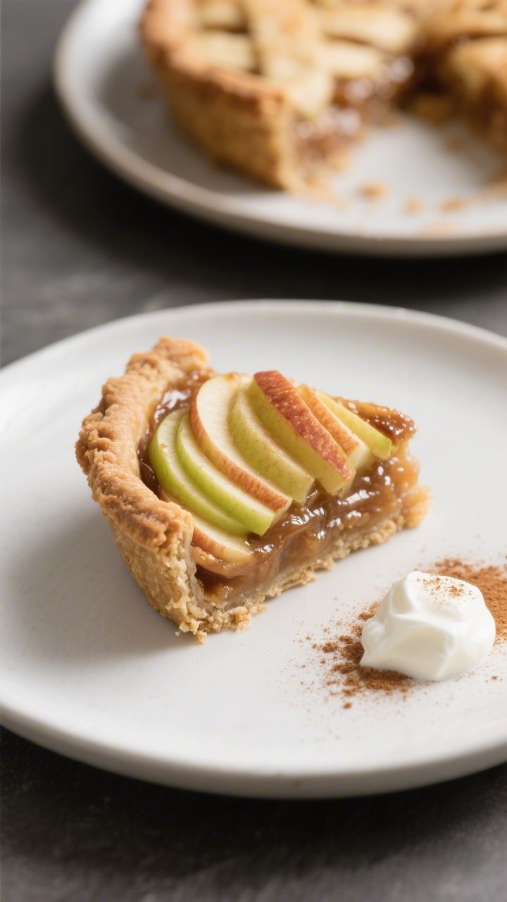 Close-up detail of a single sliced wedge of the healthy apple pie plated on a matte white dessert pl