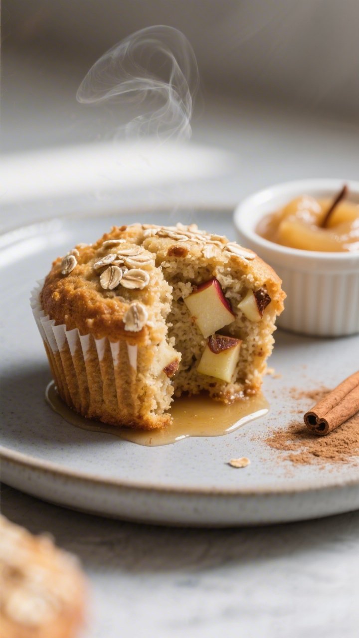Close-up detail of a sliced apple cinnamon protein muffin on a matte ceramic plate, tender moist cru