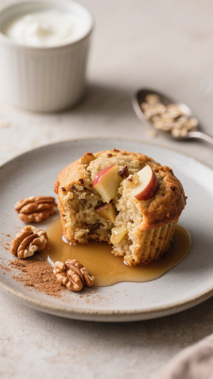 Close-up detail of a sliced high protein apple muffin on a small matte ceramic plate, showcasing the