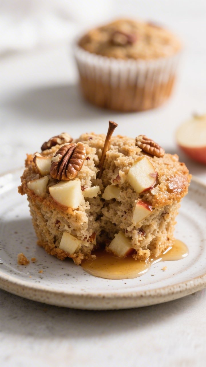 Close-up detail of a split apple protein muffin on a small stoneware plate, interior crumb moist and