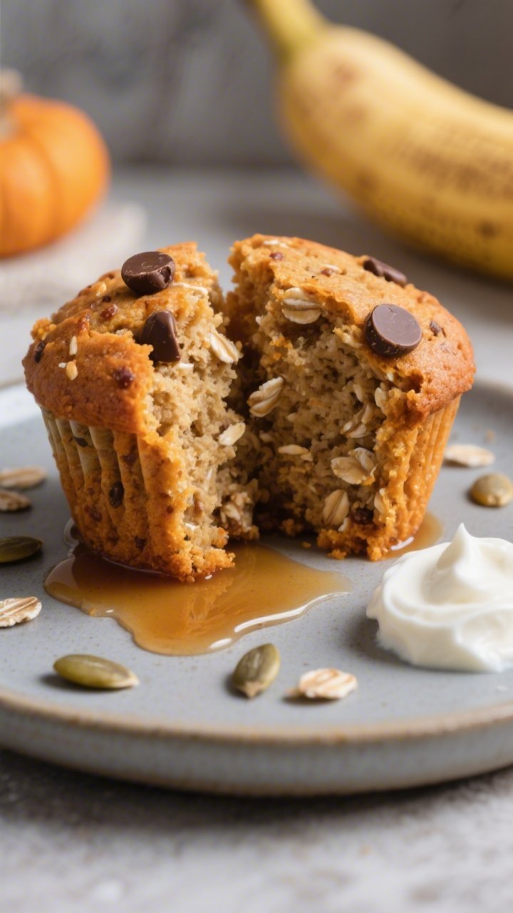 Close-up detail of a split banana pumpkin protein muffin on a small matte ceramic plate, interior cr