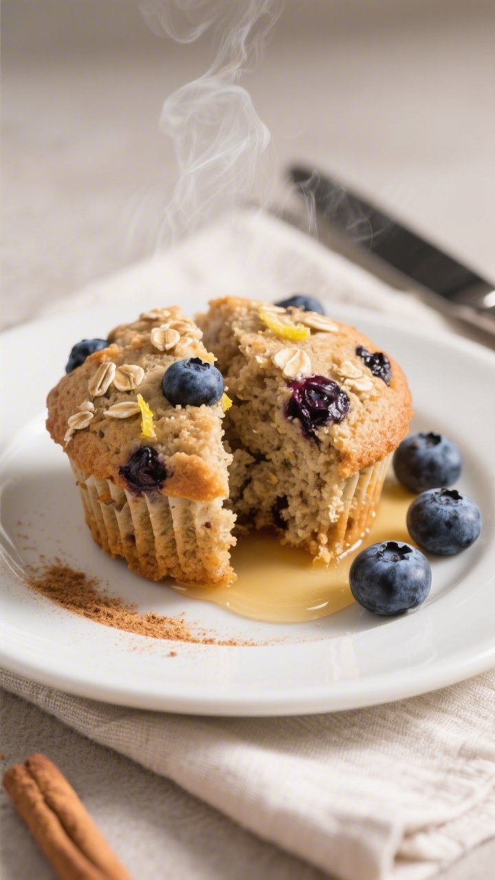 Close-up detail of a split blueberry protein muffin on a small white plate, steam faintly visible, c