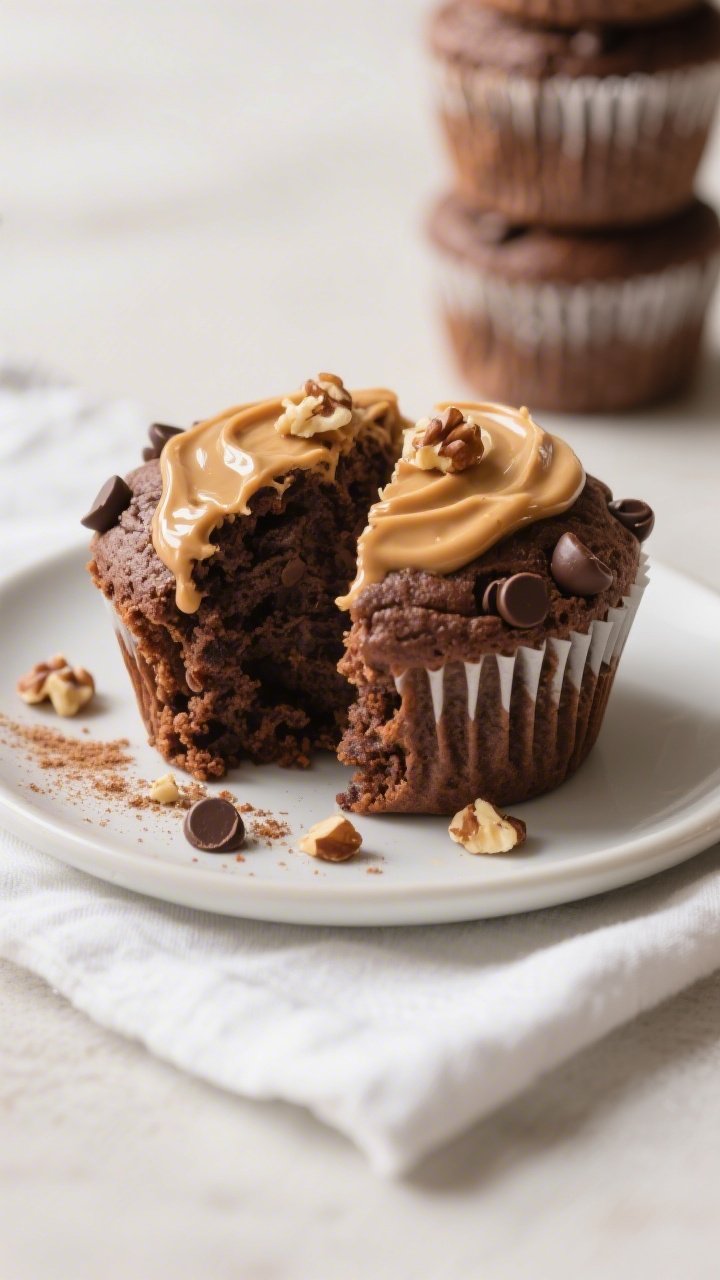Close-up detail of a split chocolate banana Kodiak protein muffin on a small matte white plate, show