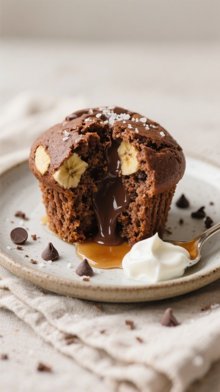 Close-up detail of a split-open chocolate banana protein muffin on a small ceramic plate, interior c