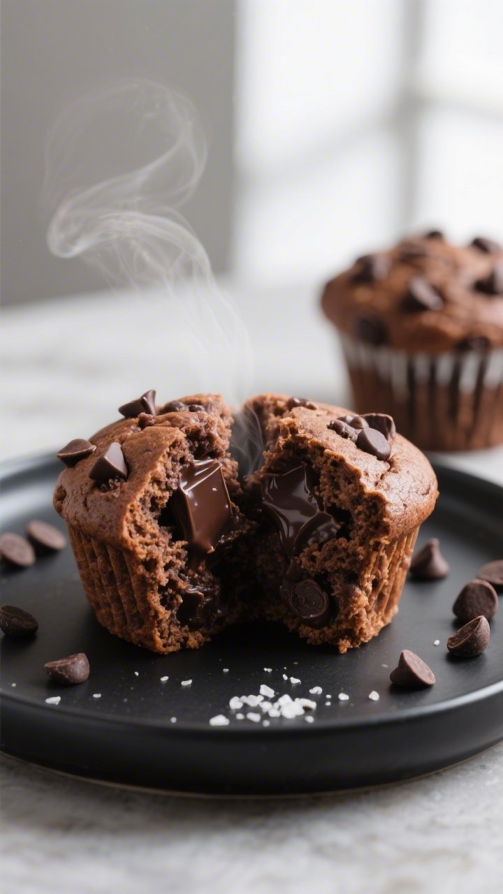 Close-up detail of a split-open double chocolate protein muffin on a matte black plate, steam subtly