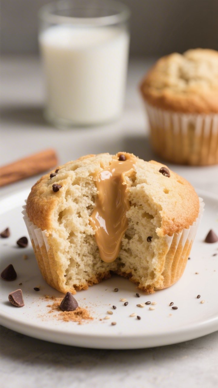 Close-up detail of a split-open vanilla protein muffin on a small matte white plate, interior crumb 