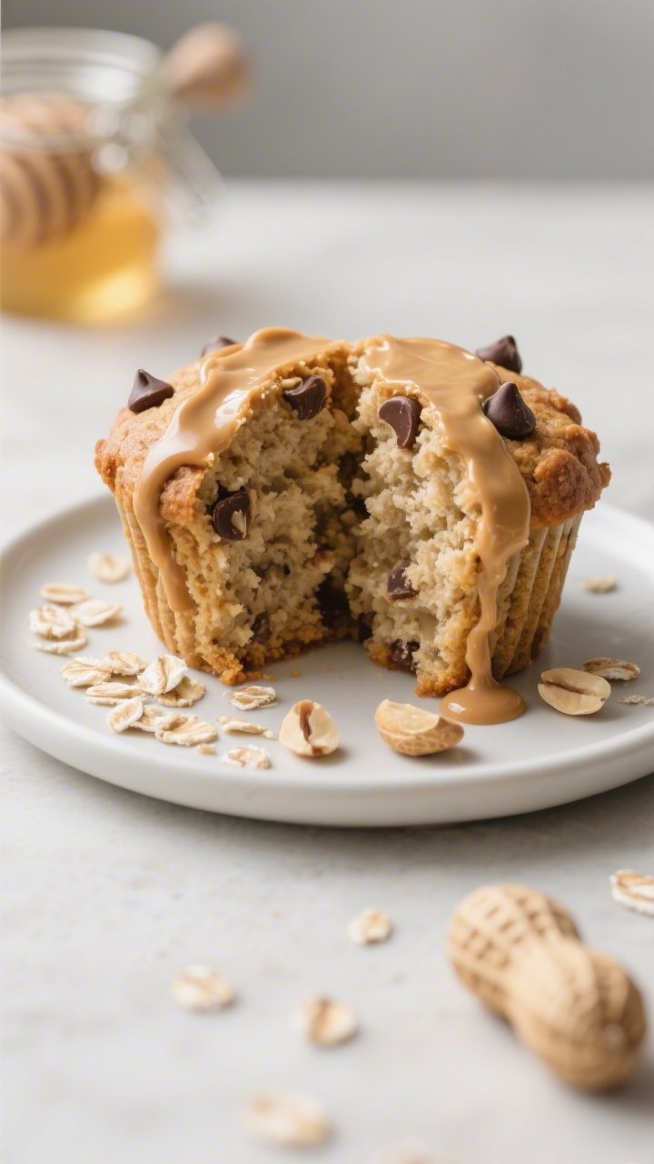 Close-up detail of a split peanut butter protein muffin on a small matte white plate, interior crumb