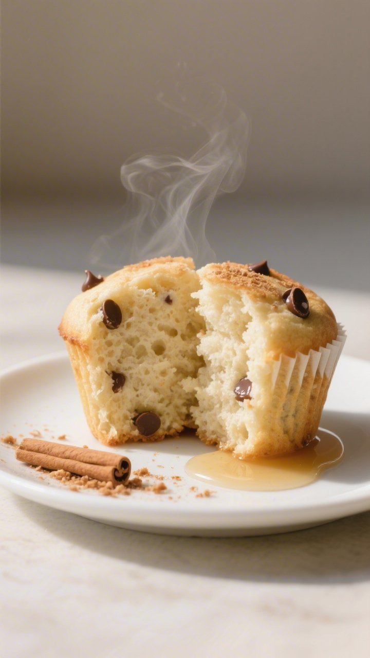 Close-up detail of a split vanilla protein muffin on a small white plate, interior crumb moist and f