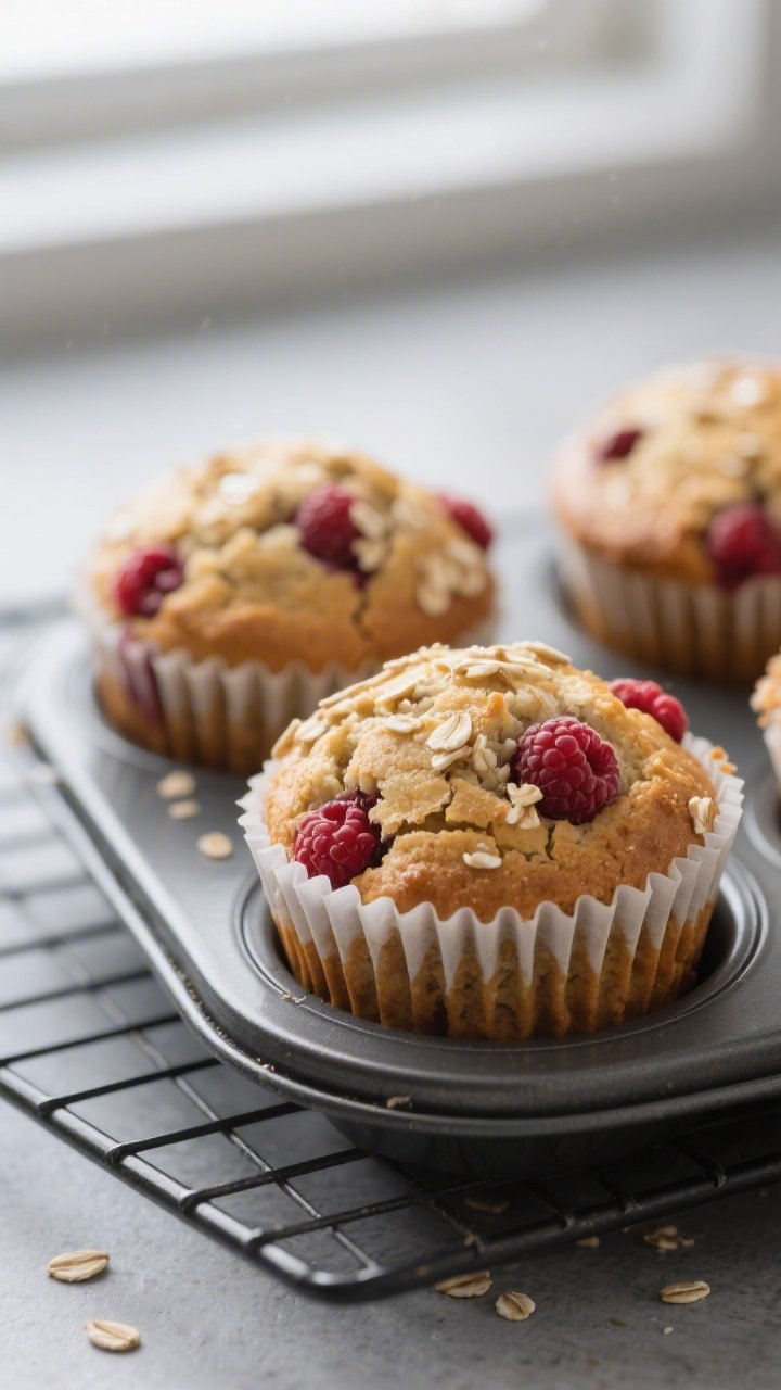 Close-up detail of freshly baked raspberry protein muffins just out of the tin, golden tops with vis