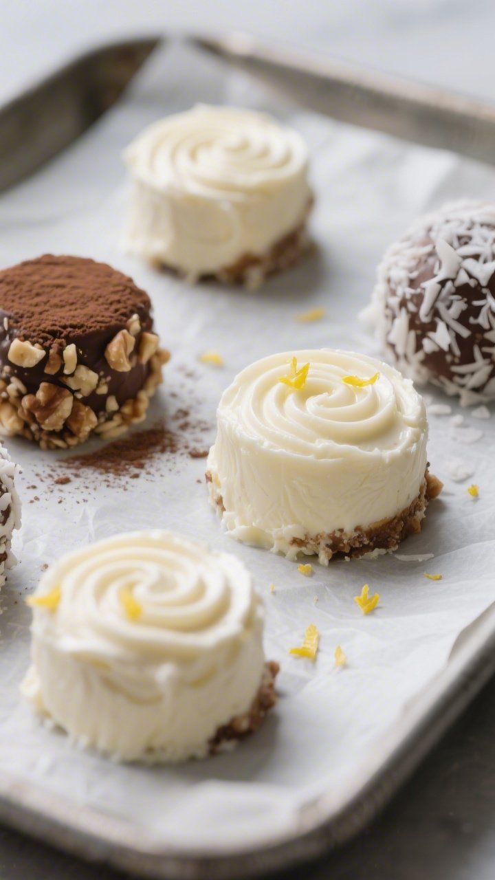 Close-up detail of keto cheesecake fat bombs just set on a parchment-lined tray, showing ultra-cream