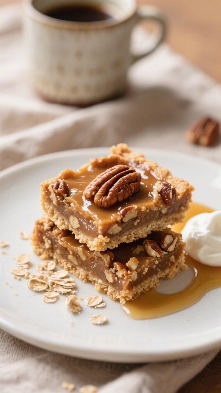 Close-up detail of sliced pecan pie bars on a matte white plate, two neat squares stacked slightly a