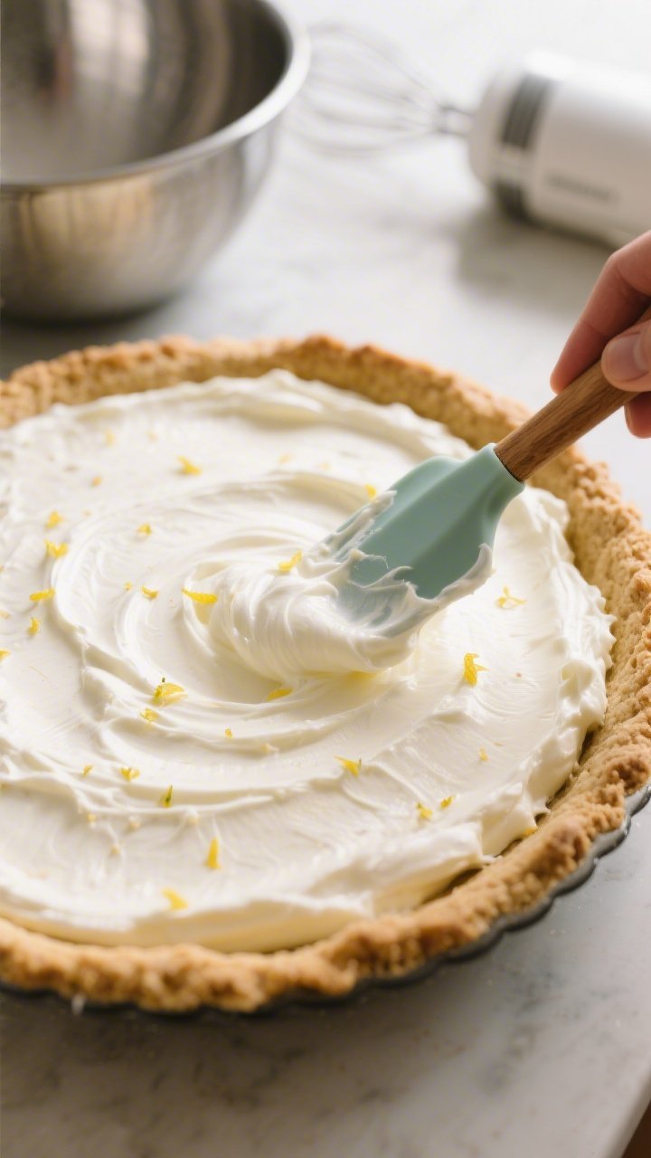 Close-up detail of the creamy keto pie filling being smoothed into a fully baked, golden almond flou