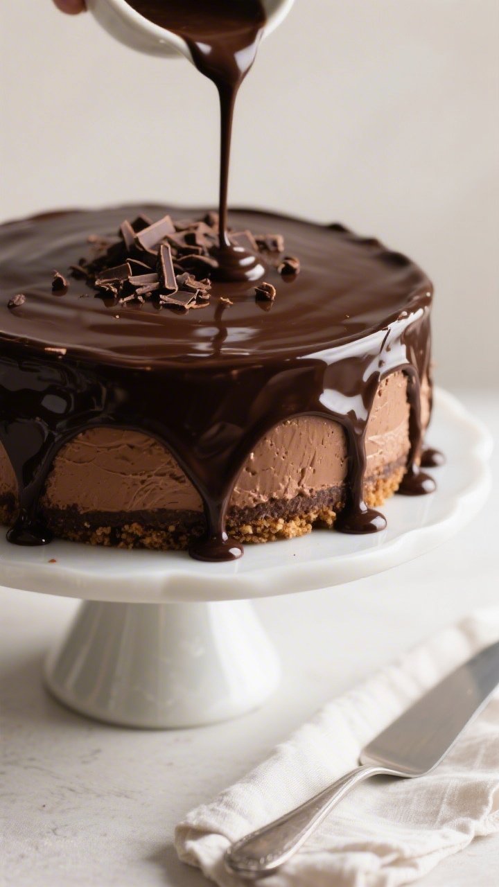 Close-up detail of the glossy dark chocolate ganache being poured over a fully chilled keto triple c