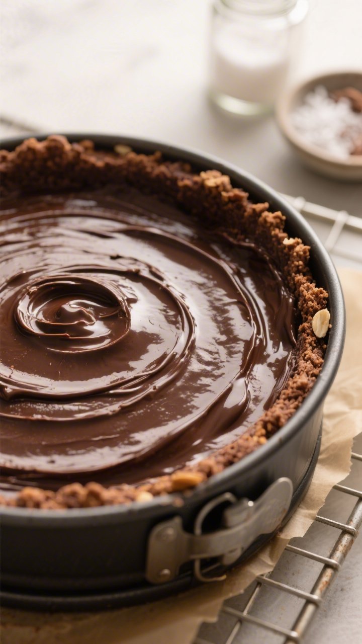 Close-up detail, process shot: A 9-inch springform pan of freshly baked cocoa–almond crust filled 