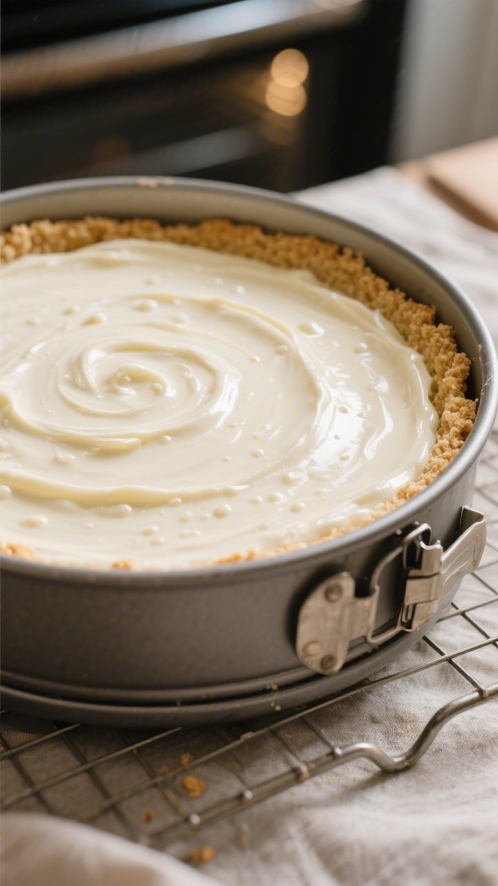 Close-up detail/process shot: A 9-inch springform pan filled with glossy, just-poured keto white cho