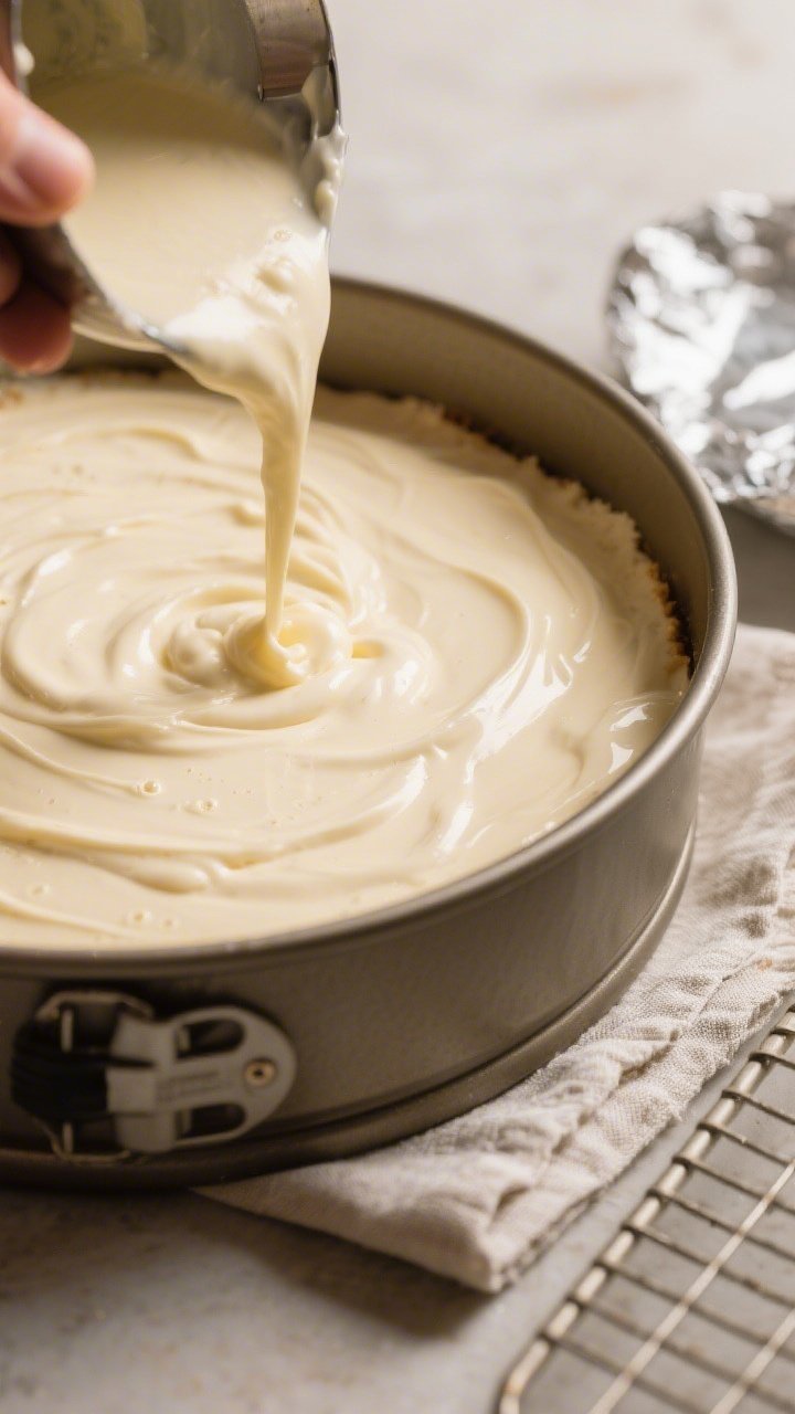 Close-up detail/process shot: Batter being poured into a parchment-lined, greased 8-inch springform 