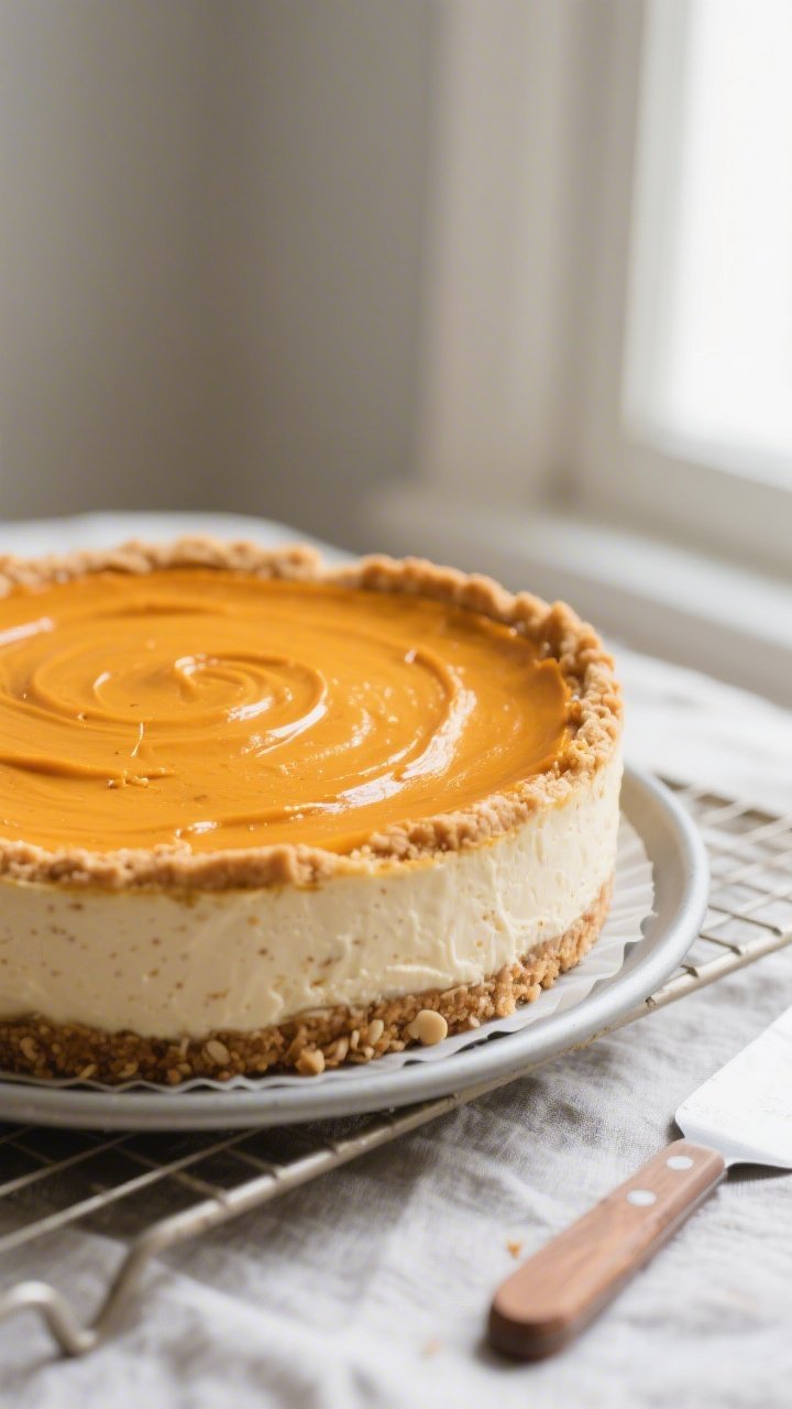 Close-up detail/process shot: Pumpkin cheesecake pie just out of the oven at 325°F, in a 9-inch spr