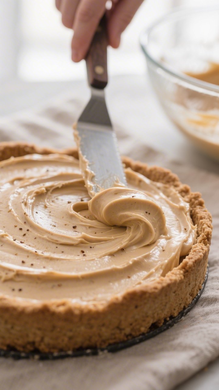 Close-up detail/process shot: Silky almond butter protein filling being smoothed into a chilled, pre