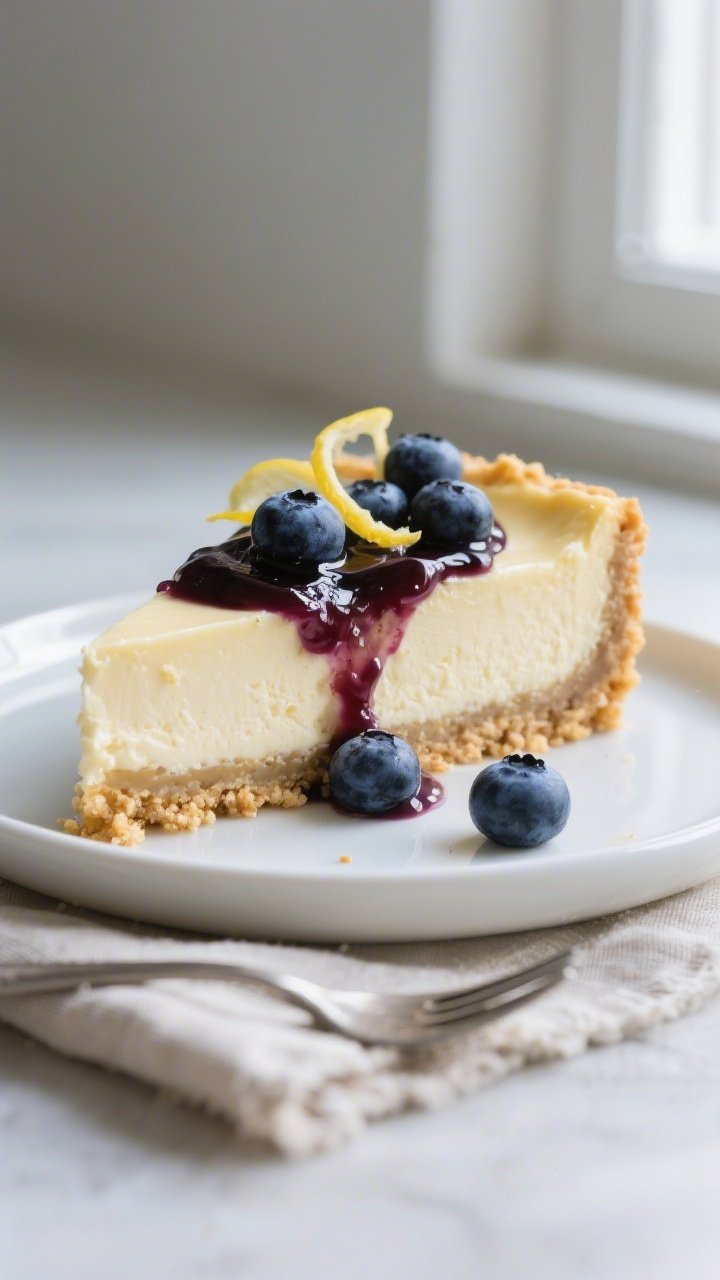 Close-up detail shot: A clean slice of keto blueberry cheesecake on a matte white dessert plate, sho