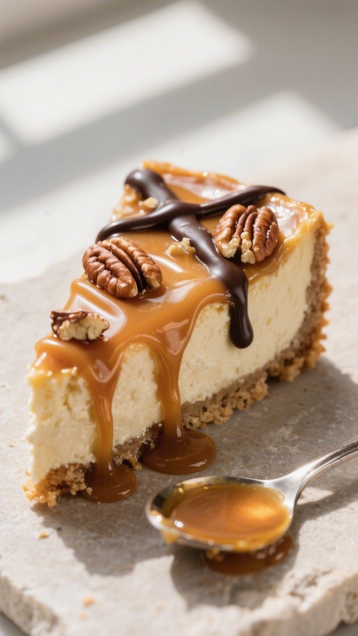 Close-up detail shot: A glossy cascade of warm sugar-free caramel ribboning over a chilled keto turt
