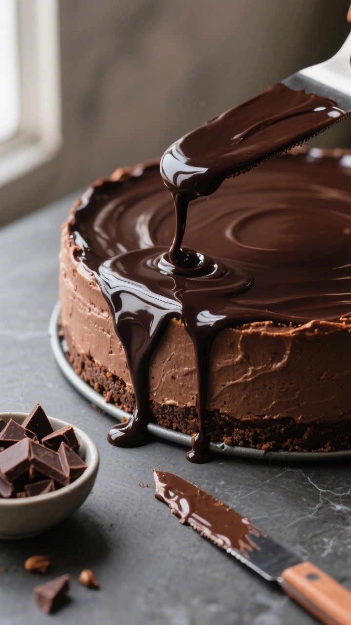 Close-up detail shot: A glossy pour of dark chocolate ganache cascading over a fully chilled Keto De