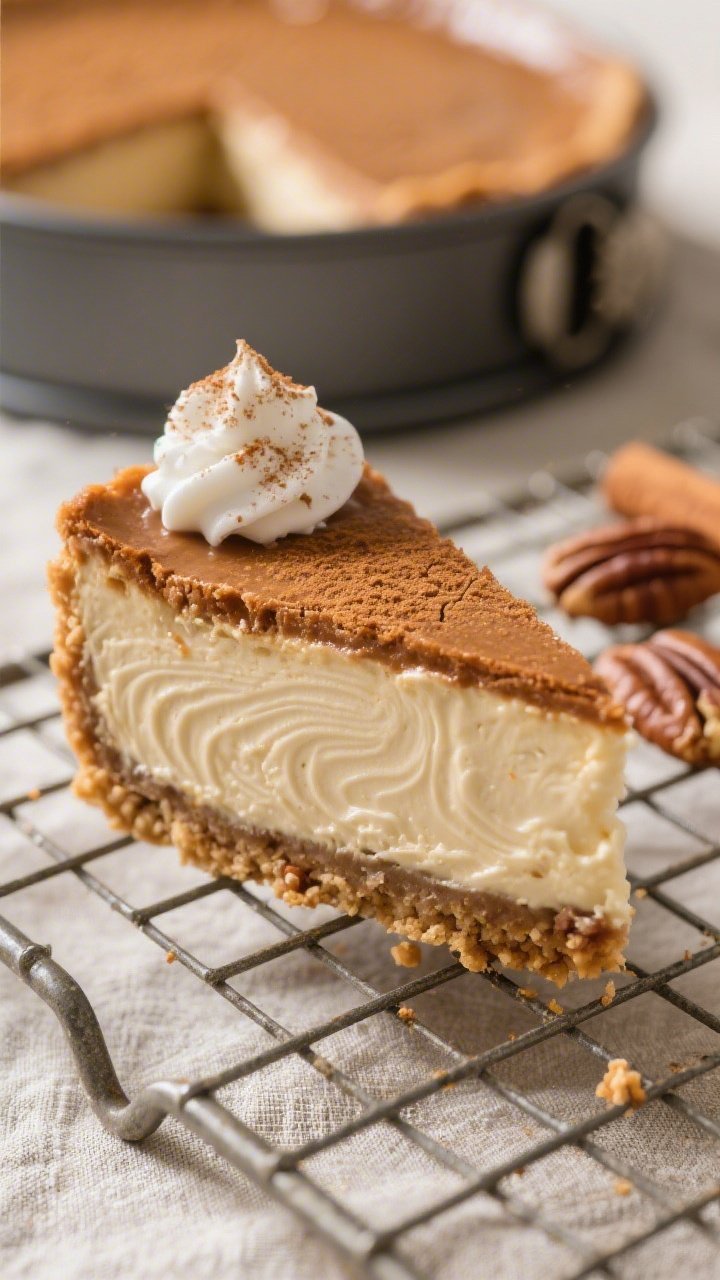 Close-up detail shot: A just-sliced Keto Gingerbread Cheesecake on a cooling rack, showing the silky