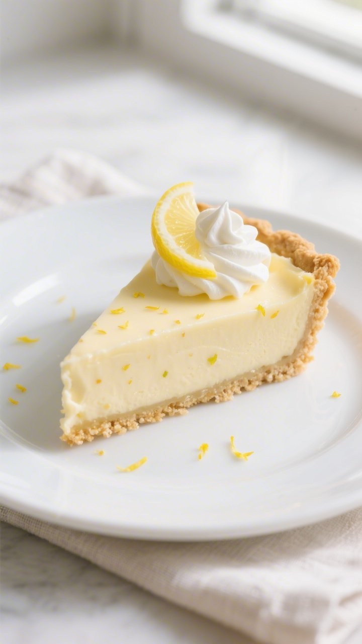 Close-up detail shot: A silky slice of low-carb lemon cream pie on a cool white dessert plate, showi