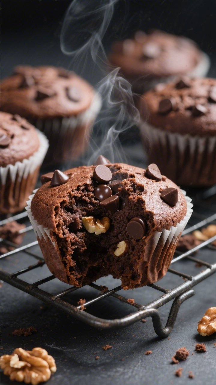Close-up detail shot: freshly baked chocolate protein muffin torn open on a wire rack, steam gently 