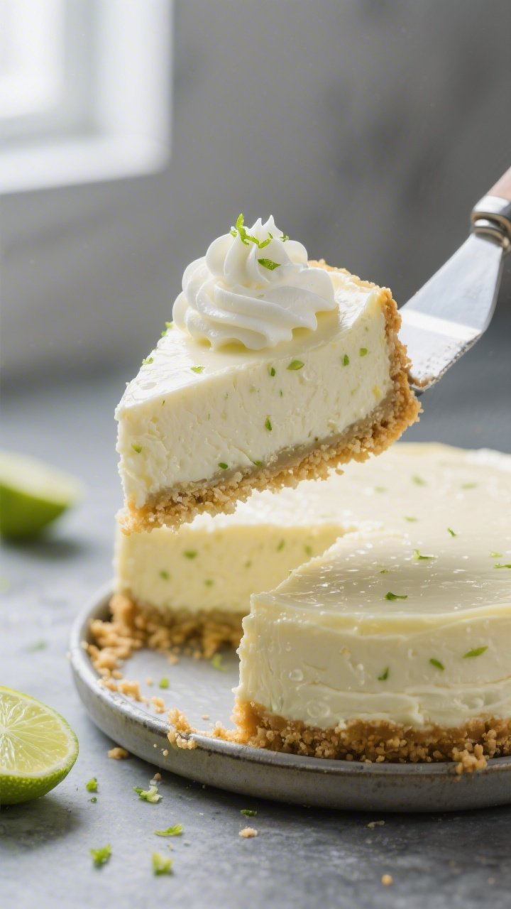 Close-up detail shot of a chilled Keto Key Lime Cheesecake slice being lifted cleanly from the sprin
