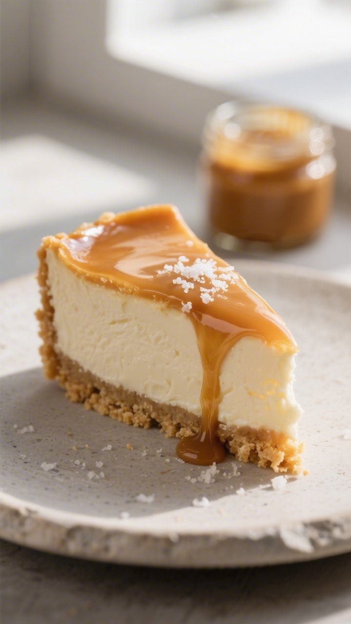 Close-up detail shot of a chilled Keto Salted Caramel Cheesecake slice just after slicing: ultra-cre