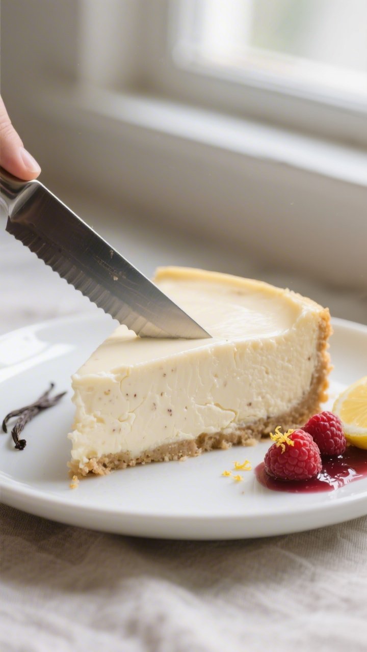 Close-up detail shot of a crustless keto cheesecake slice being cut with a hot, clean knife, the bla