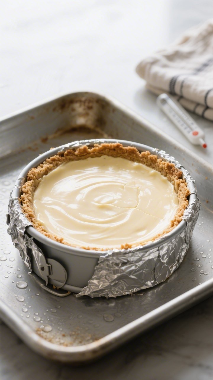 Close-up detail shot of a freshly baked keto cheesecake in a 9-inch springform pan just out of its w