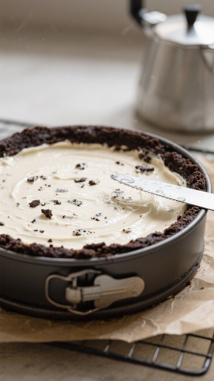Close-up detail shot of a freshly baked keto cookies-and-cream cheesecake just out of the springform