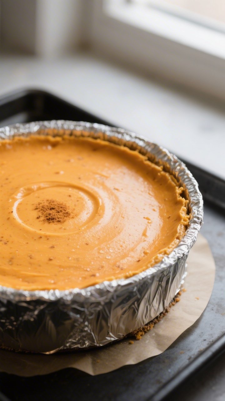 Close-up detail shot of a freshly baked keto pumpkin cheesecake still in the springform pan after co