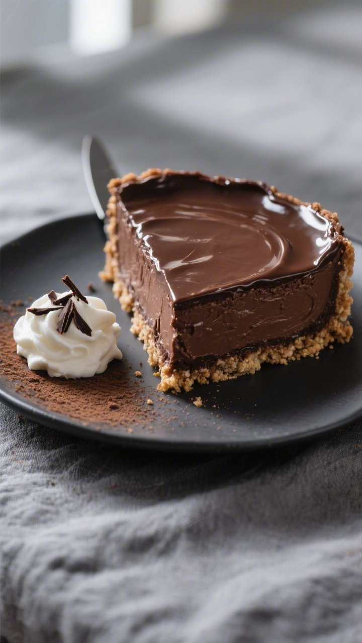 Close-up detail shot of a freshly sliced Keto Chocolate Cheesecake with glossy sugar-free dark choco