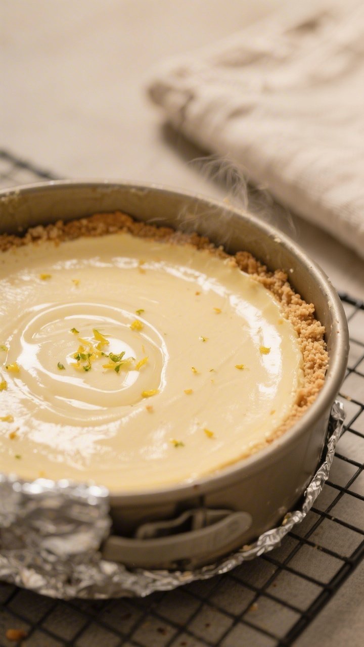 Close-up detail shot of a just-baked keto cheesecake in a 9-inch springform pan, glossy crack-free t