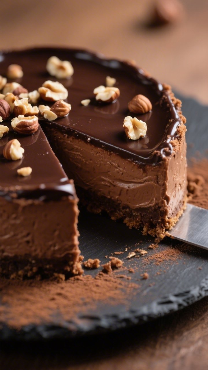 Close-up detail shot of a sliced Keto Chocolate Hazelnut Cheesecake showing the silky chocolate fill
