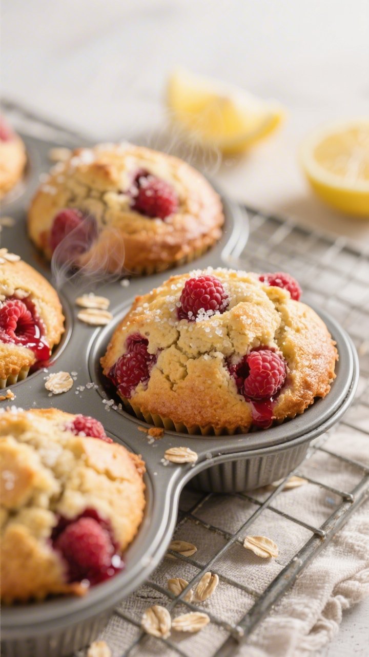 Close-up detail shot of freshly baked lemon raspberry protein muffins just out of the tin, golden to