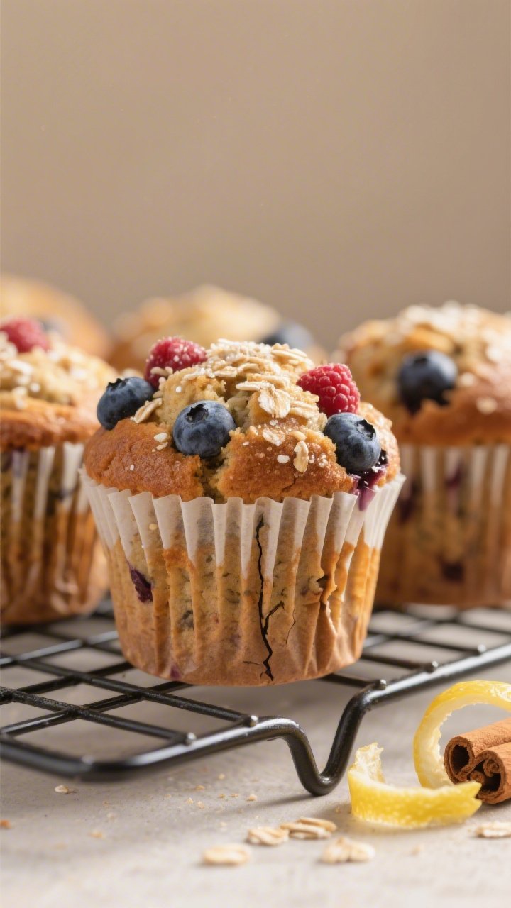 Close-up detail shot of freshly baked protein berry muffins just out of the tin, muffins still in pa
